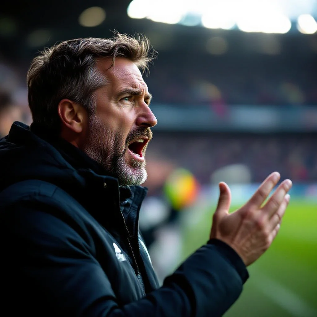 A football manager reacting intensely on the touchline