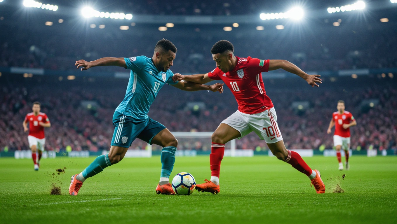Two midfielders battling for possession in the center of the pitch