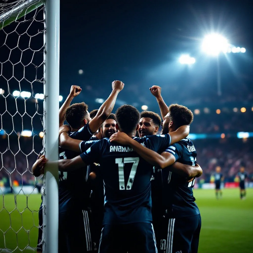 A group of footballers celebrating together near the corner flag