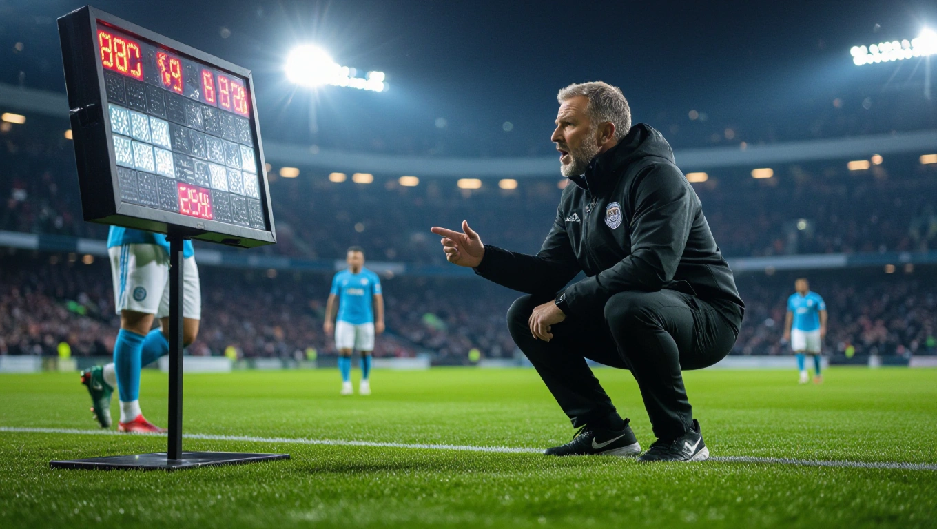 A football coach crouching at the touchline giving animated instructions to a player preparing to come on