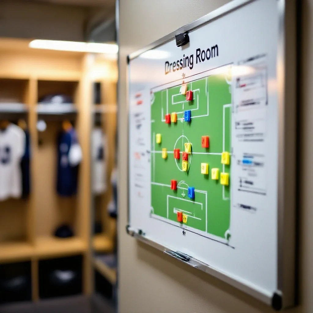 A dressing room tactical whiteboard showing pitch diagrams with player positions marked in colored magnets