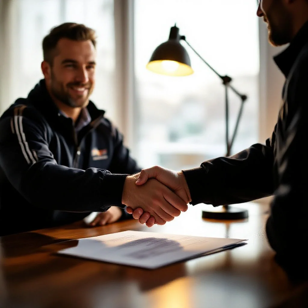 Two men shaking hands over a contract document on a desk