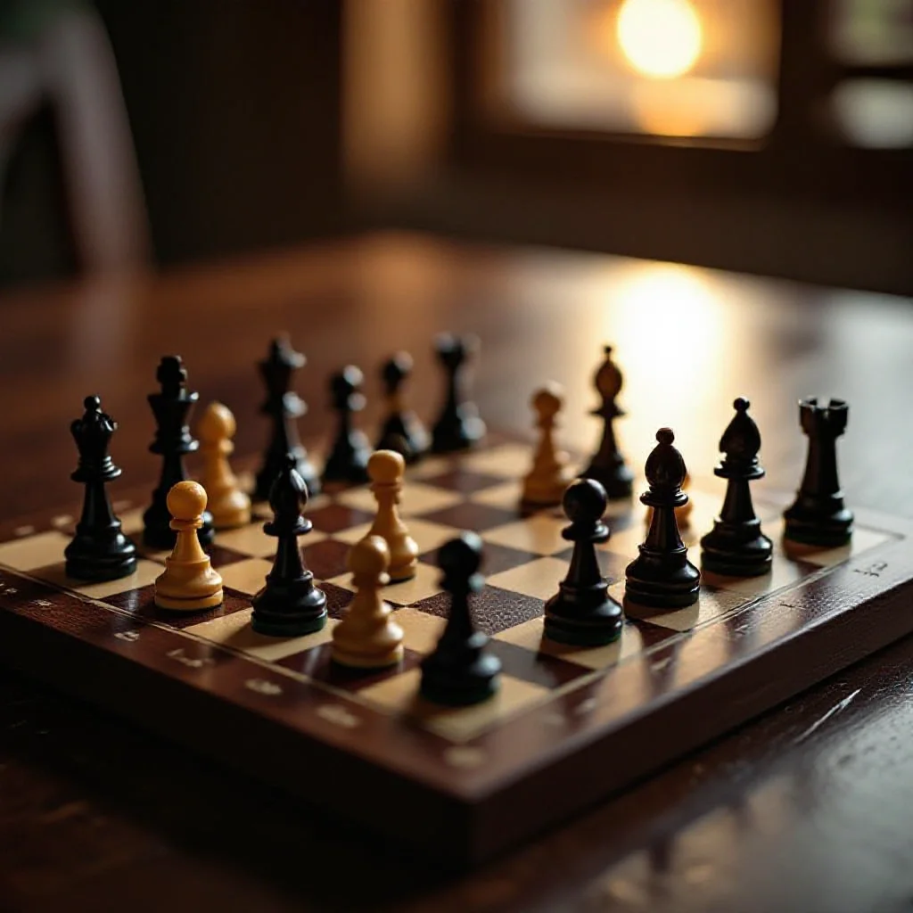 A tactical chessboard arranged with football formation pieces on a dark wood table