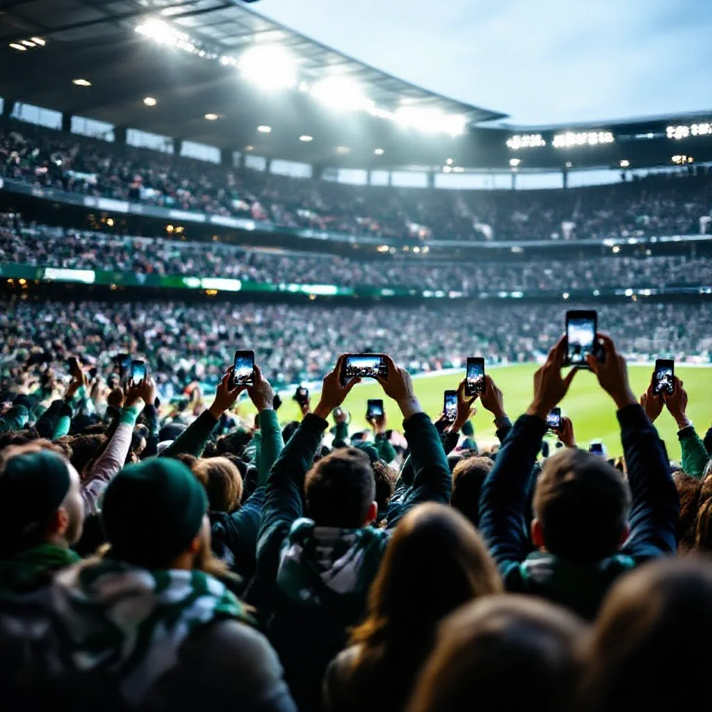 A packed football stadium stand filled with fans in green and navy scarves holding up phones creating a sea of lights