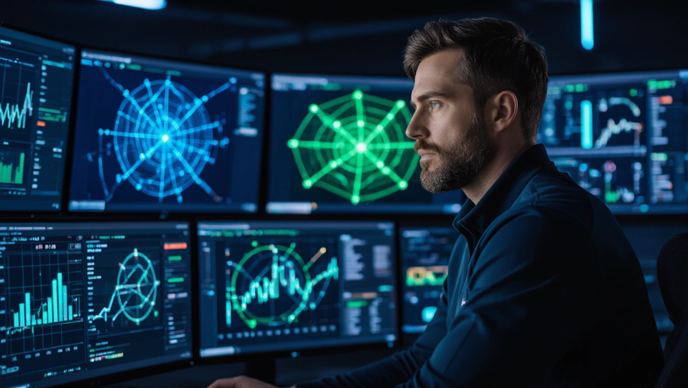 A sports performance analyst in front of multiple screens showing xG maps and pass networks