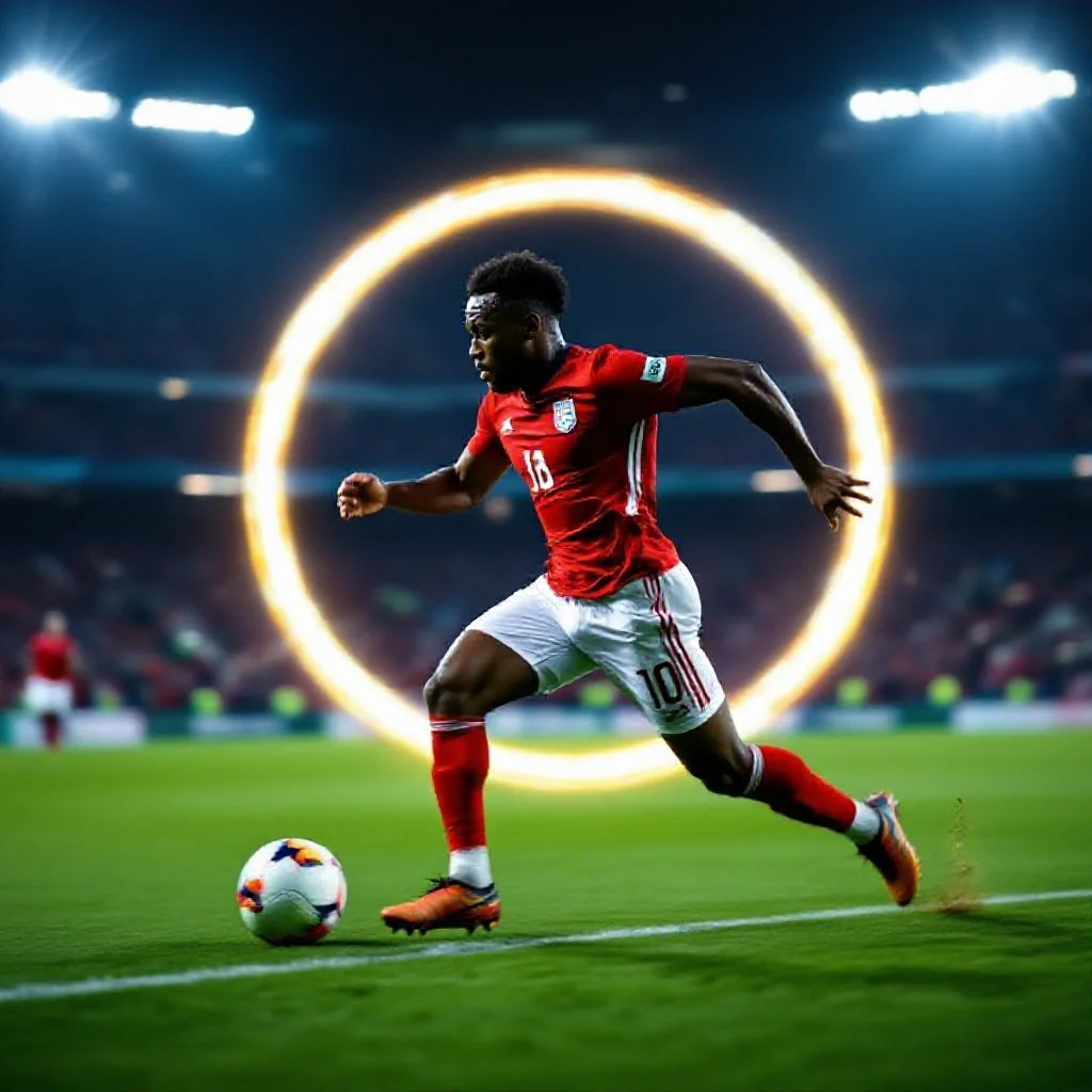 A footballer in full sprint down the wing during a night match