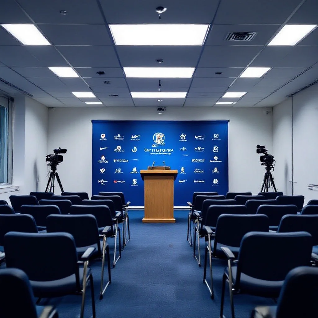 An empty professional football press conference room