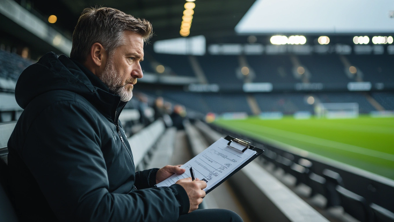 A football manager seated on the dugout bench reviewing notes on a clipboard