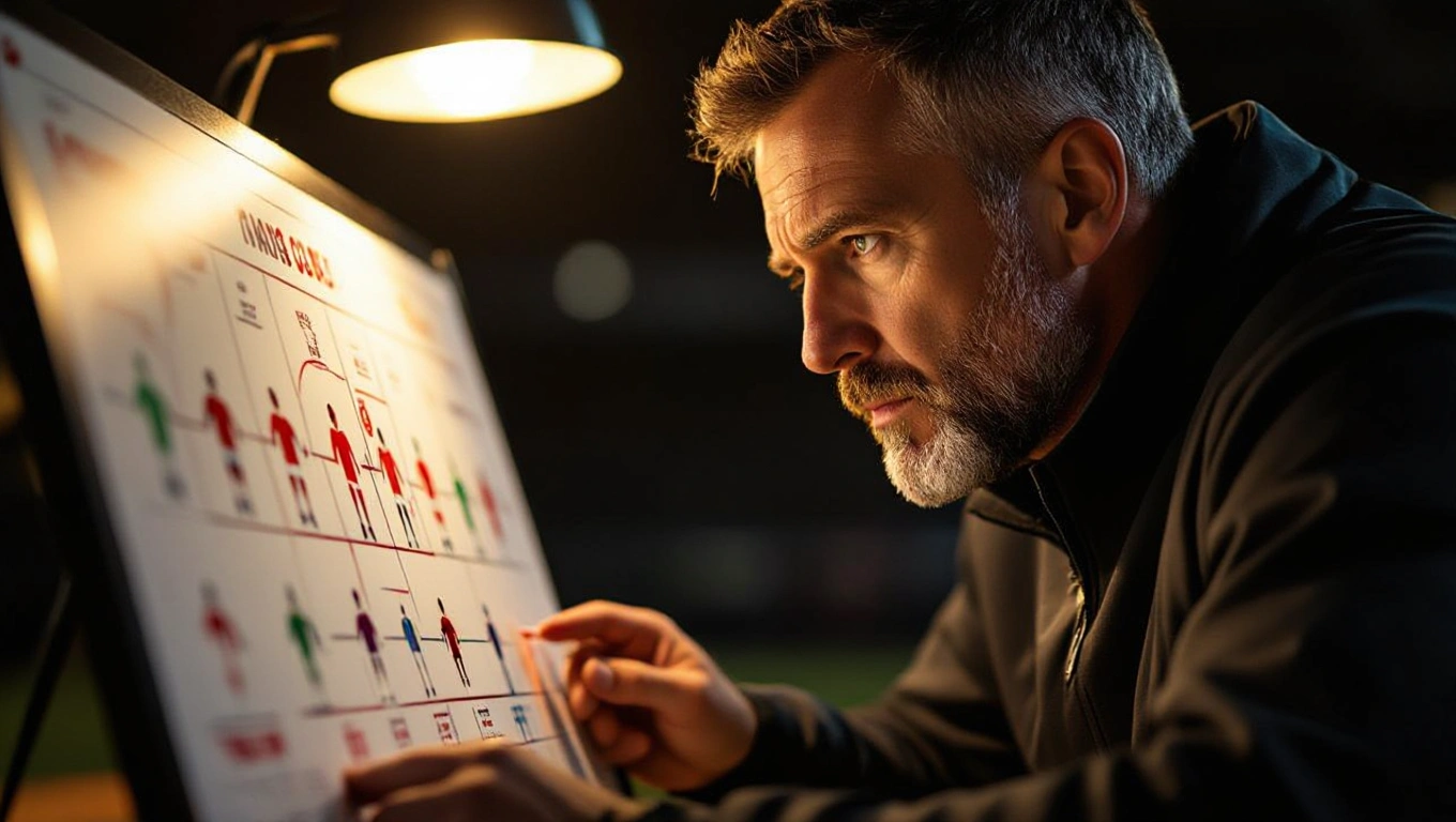 A football coach intently studying a tactical formation board with player positions marked