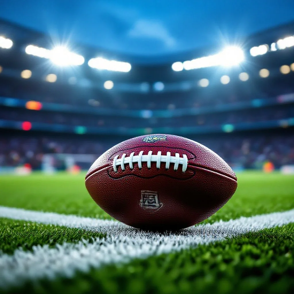 A football resting on the penalty spot with stadium and crowd in deep bokeh