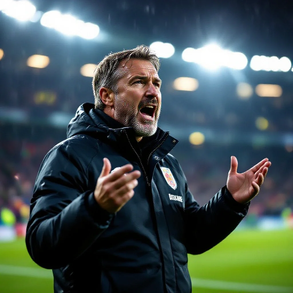 A football manager gesturing urgently on the touchline during a night match