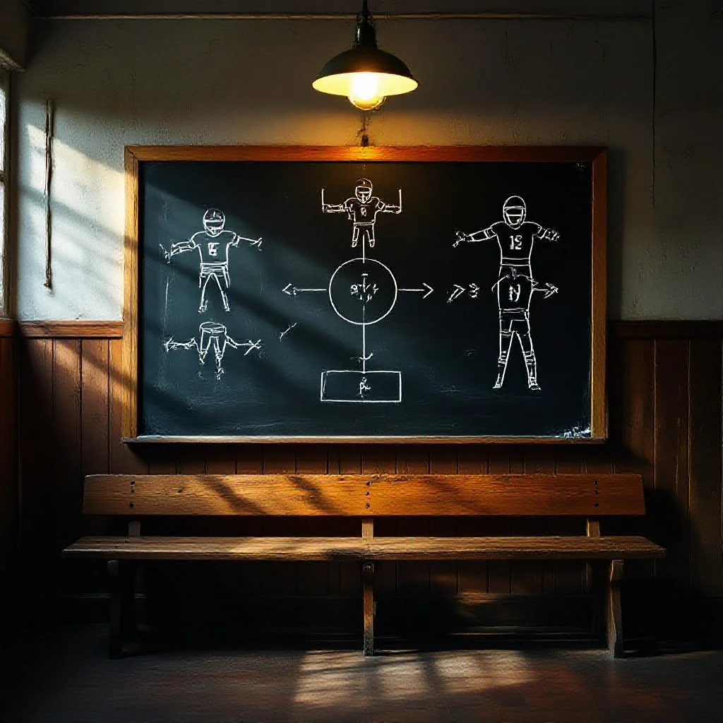 A tactical chalkboard with football formation diagrams drawn in white