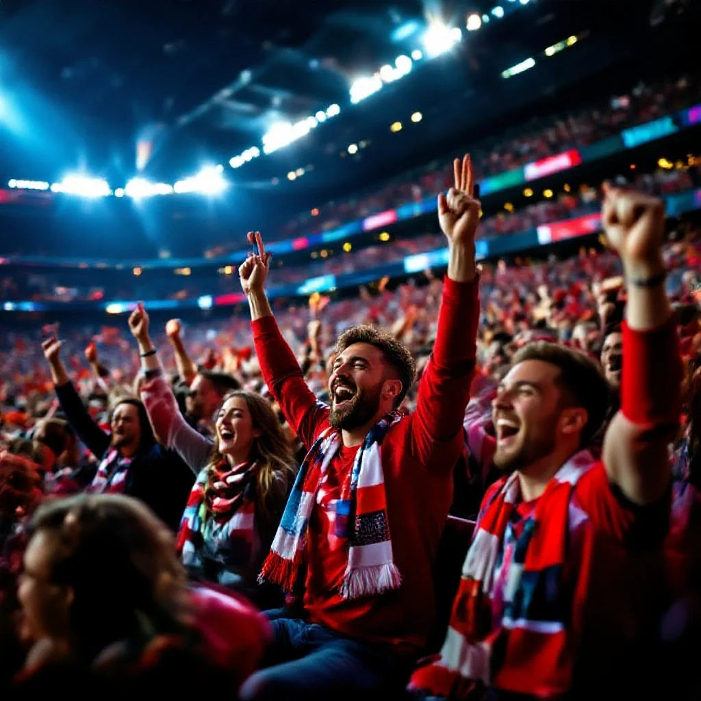 A jubilant stadium crowd reacting to a goal