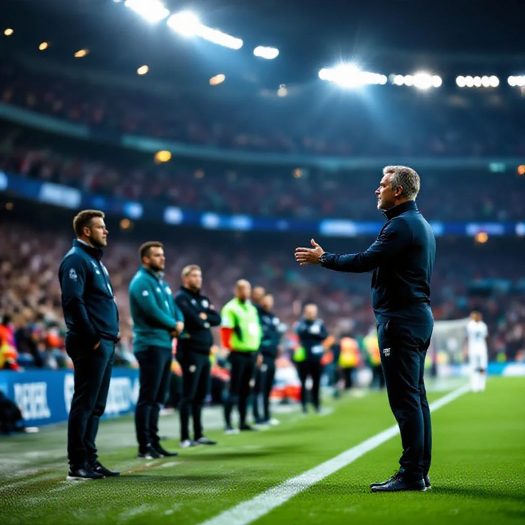 A coaching staff gathered near the technical area during a World Cup match