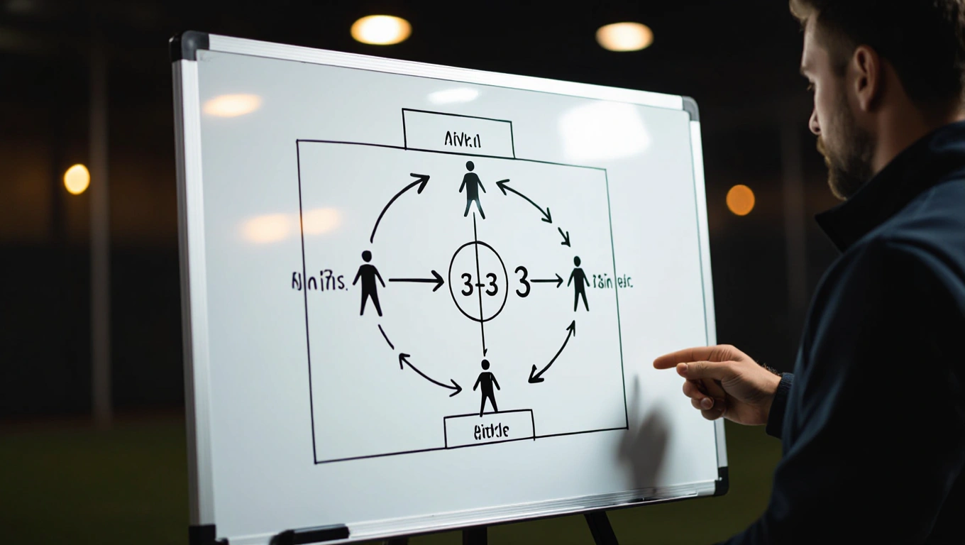 A whiteboard tactical diagram showing 4-3-3 formation with arrows indicating movement patterns
