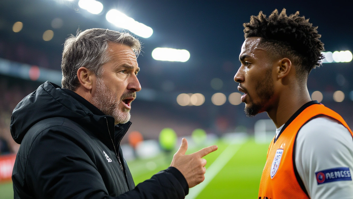 A European football manager intensely communicating tactical instructions to a player on the touchline during a night...