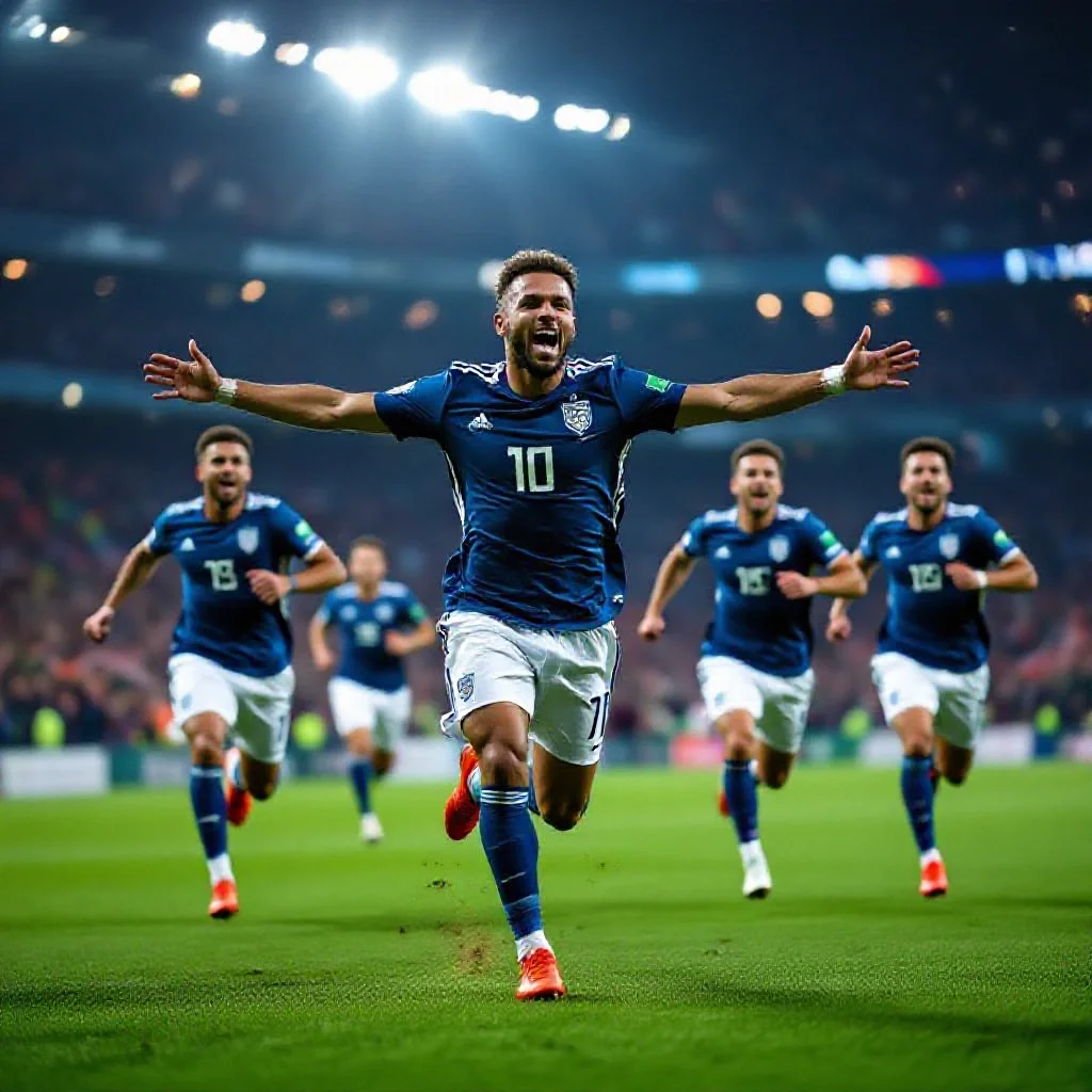 Players celebrating an away goal in a European competition