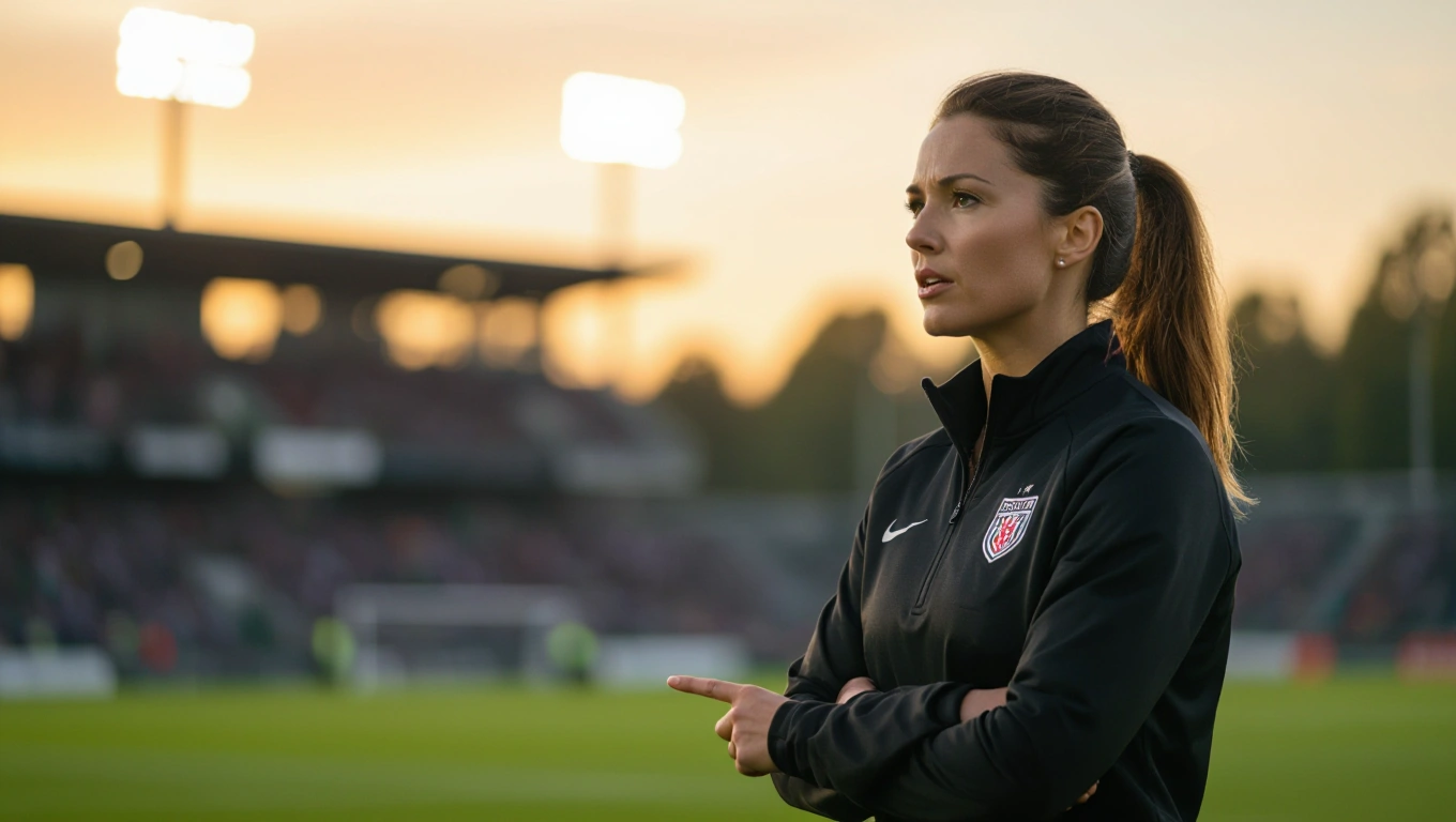A female football coach giving tactical instructions on the sideline