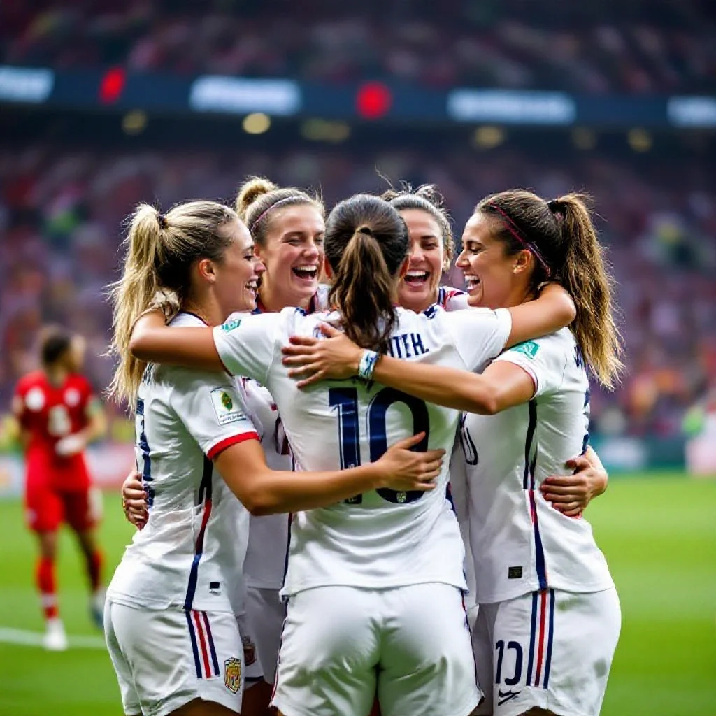 Women footballers celebrating a goal together