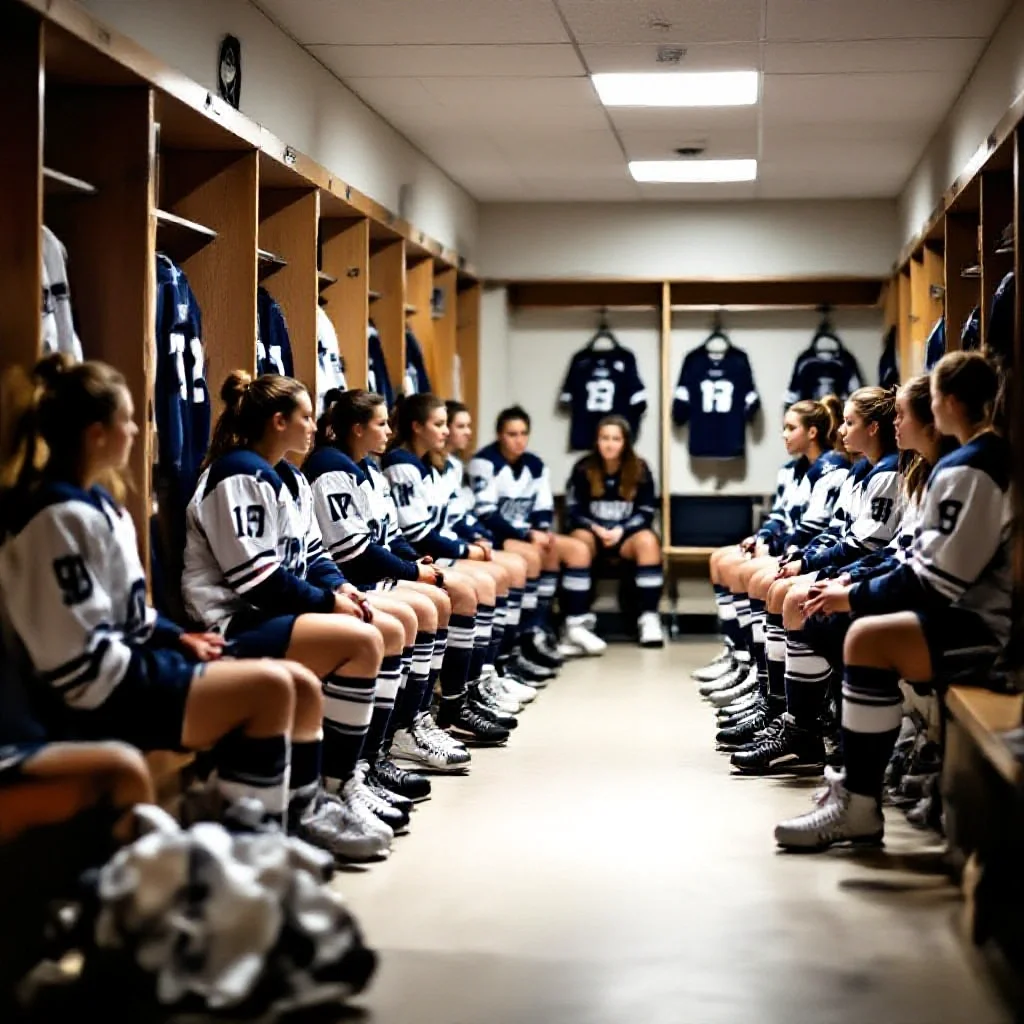 A women’s team gathered in a dressing room at end of season