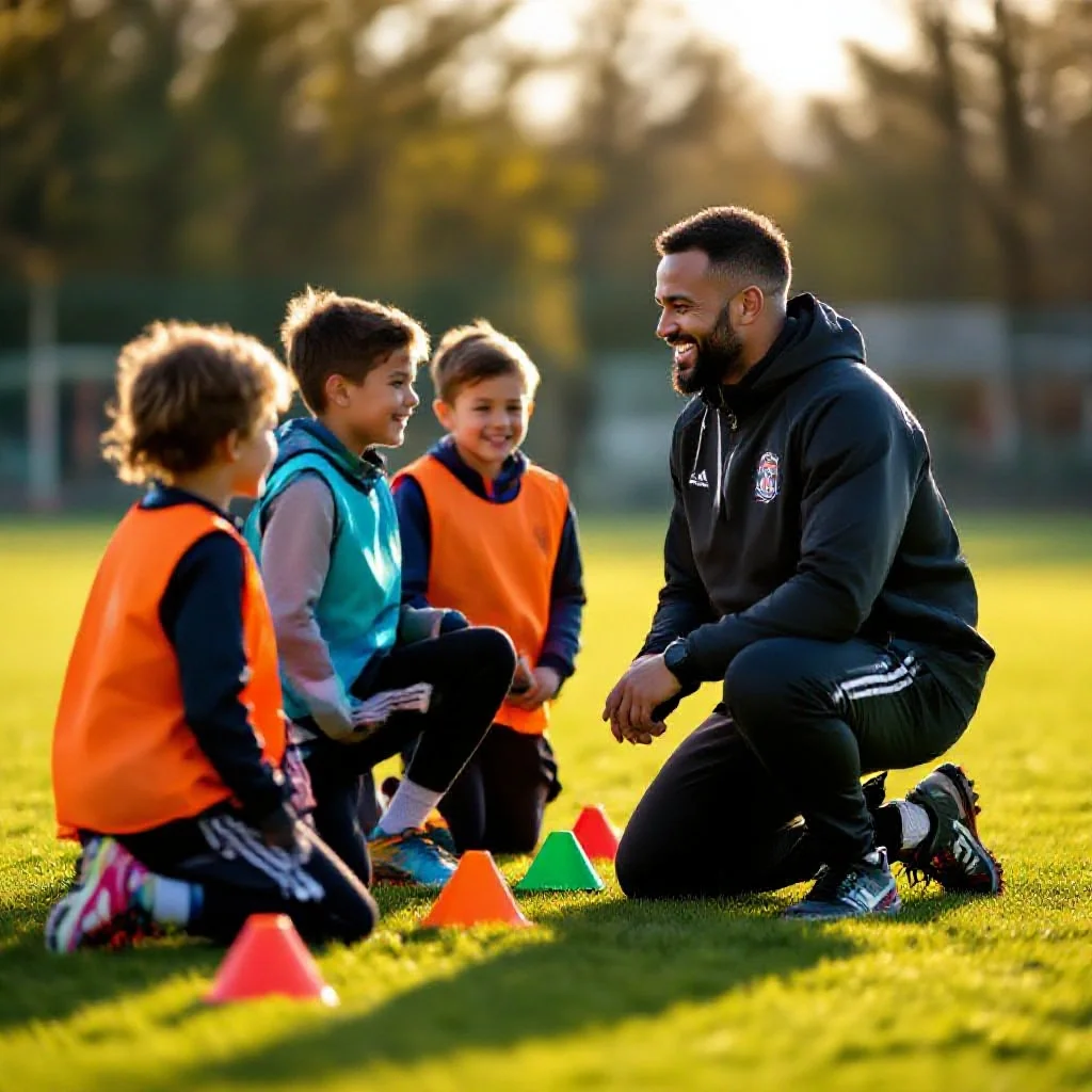 A grassroots football coach kneeling next to young players on a training pitch