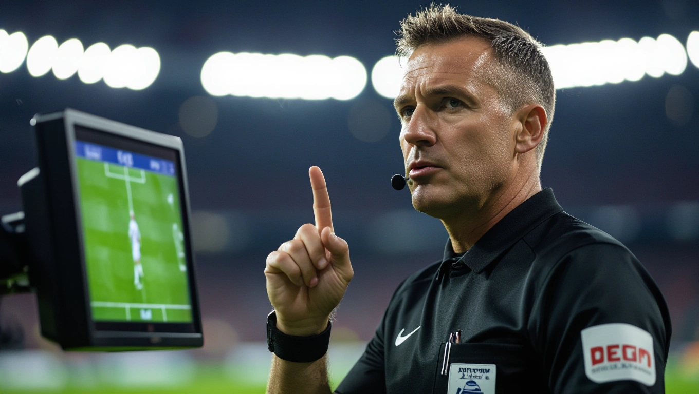 A football referee making a decision gesture while consulting with a VAR monitor at pitchside