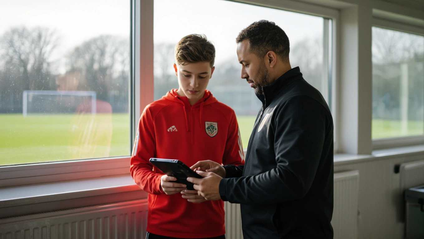 A youth team coach reviewing video footage on a tablet with a young player standing beside him