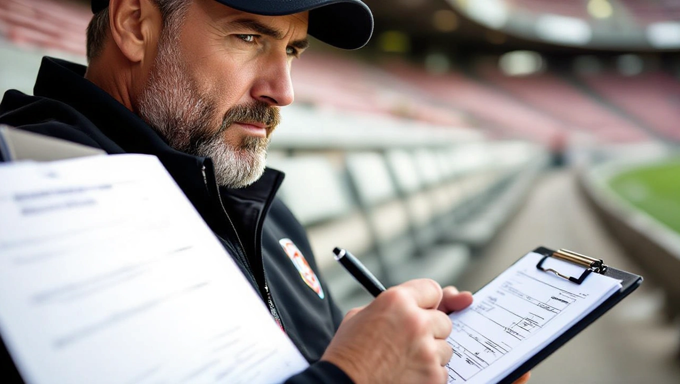 A football coach intently analyzing tactical notes on a clipboard in the dugout
