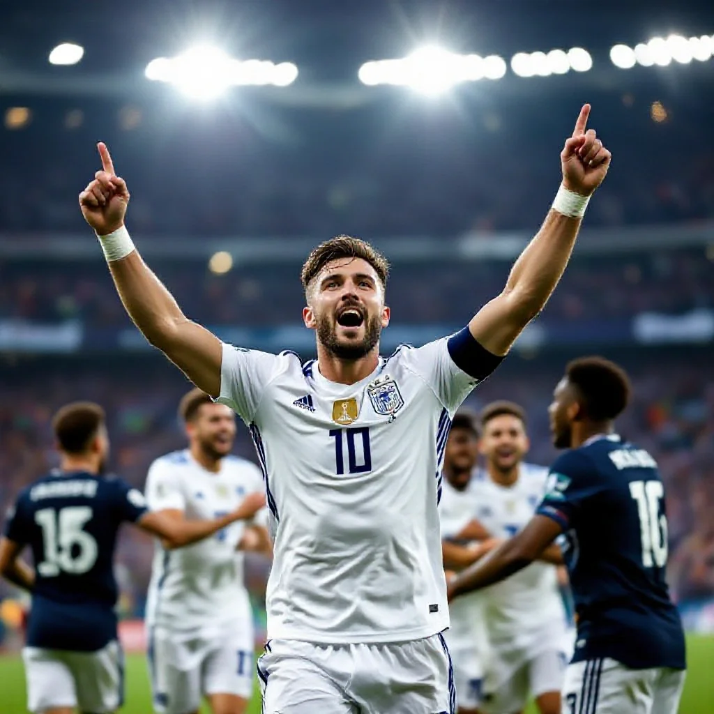 A football captain leading a goal celebration