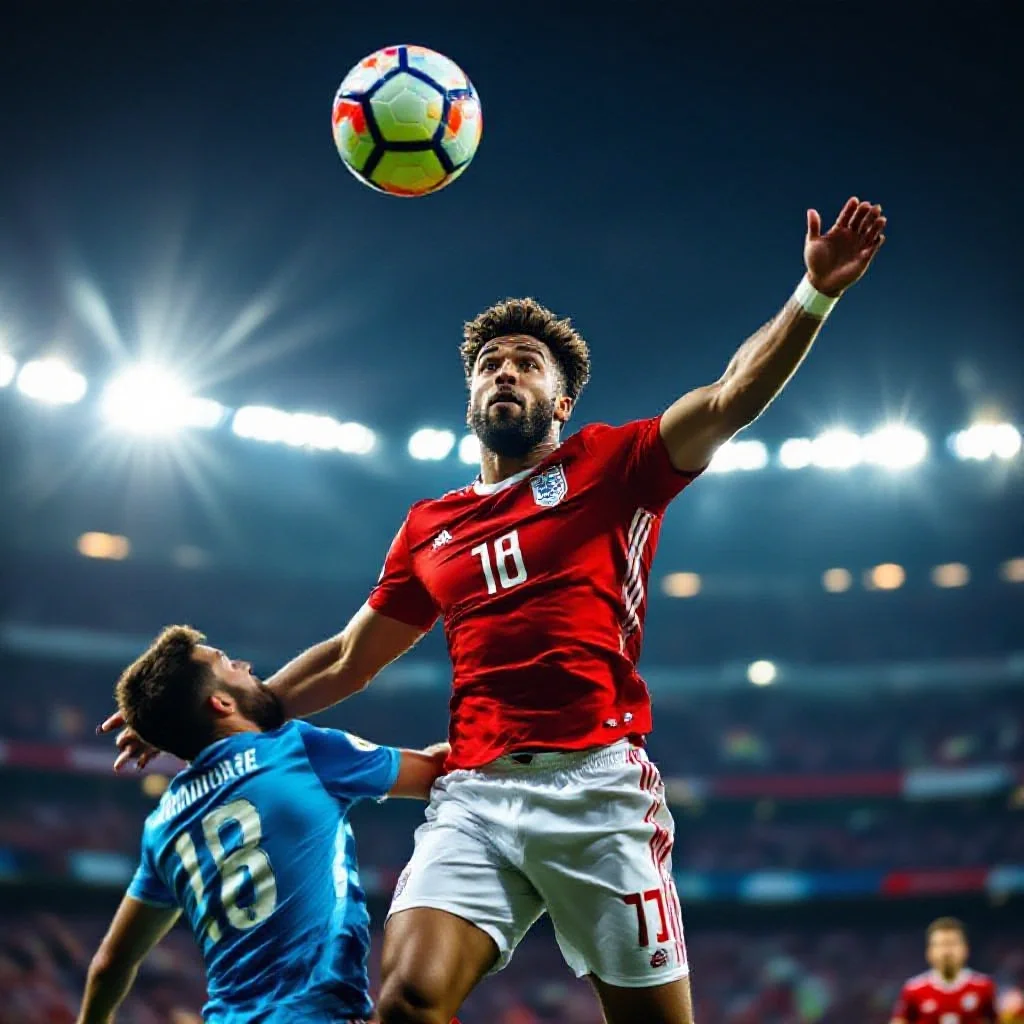 A central defender winning a header duel