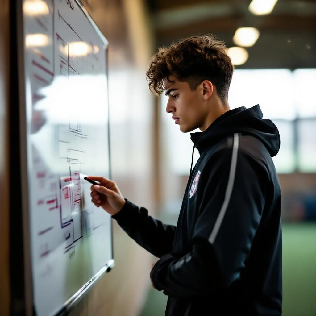 A young footballer in training gear studying a tactical whiteboard alone
