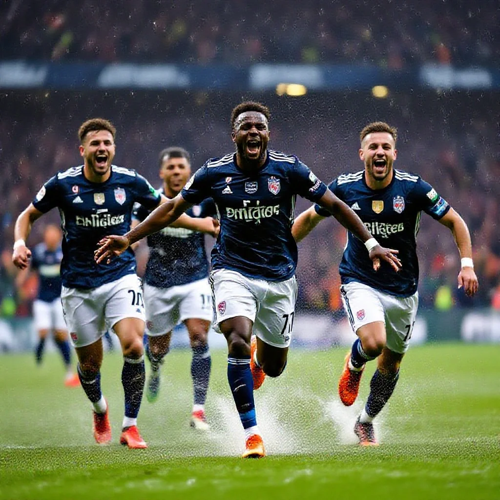 Ligue 1 players celebrating in the rain