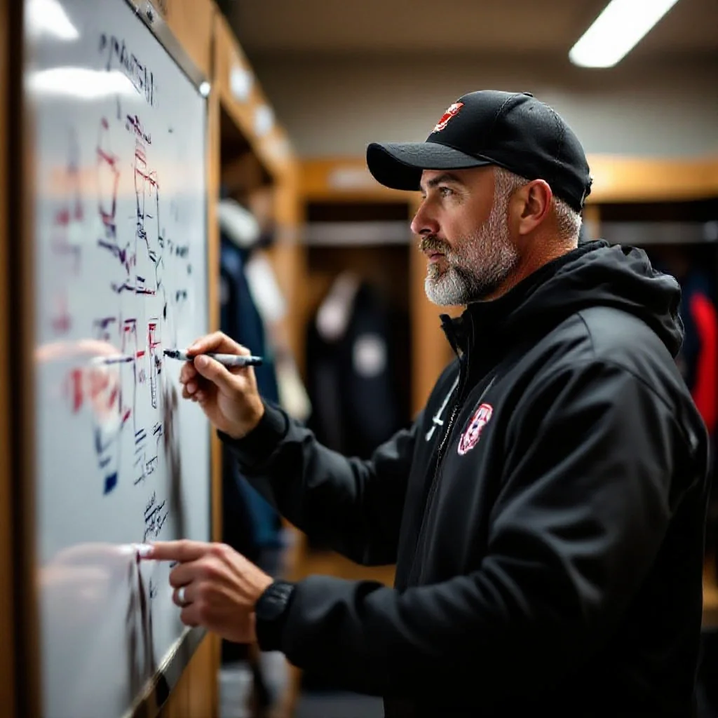 A football coach drawing formations on a whiteboard with a marker