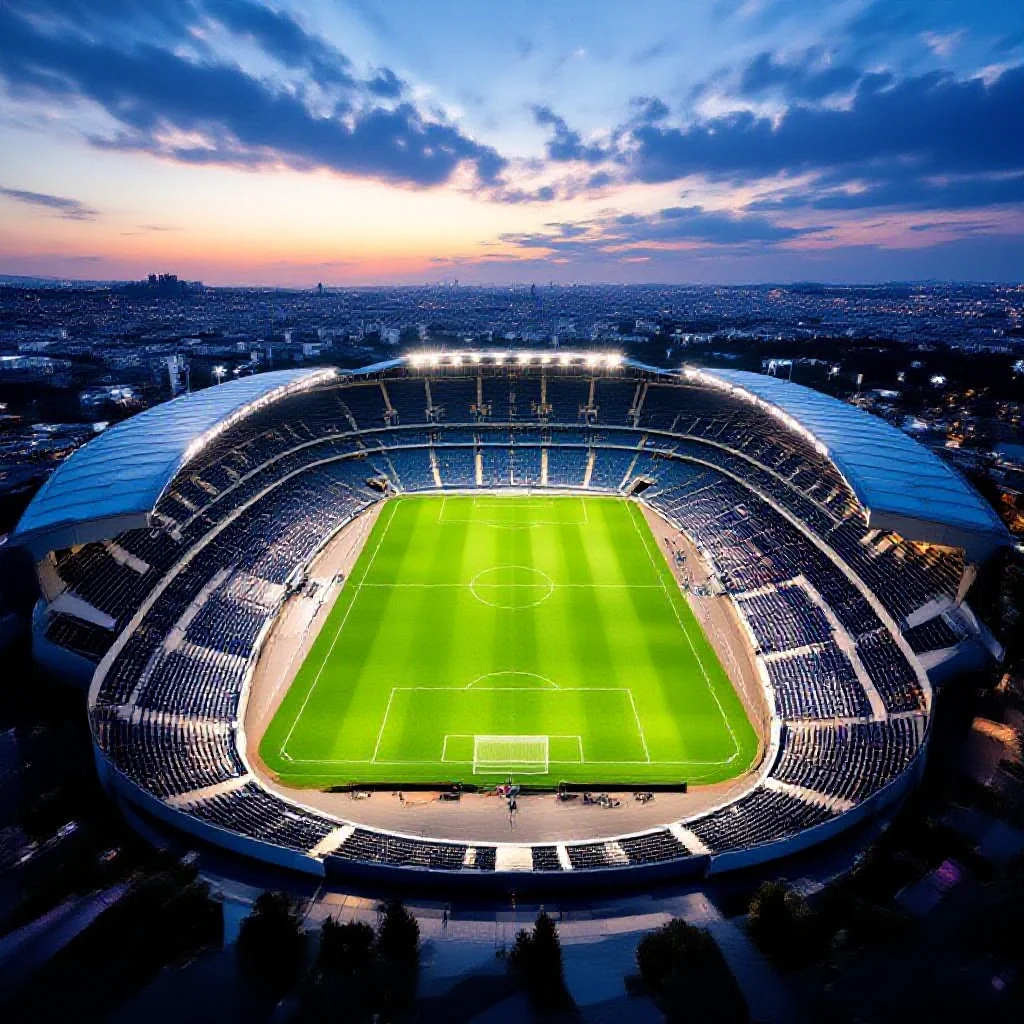 Wide angle aerial editorial photography of a classic French football stadium from above showing full bowl