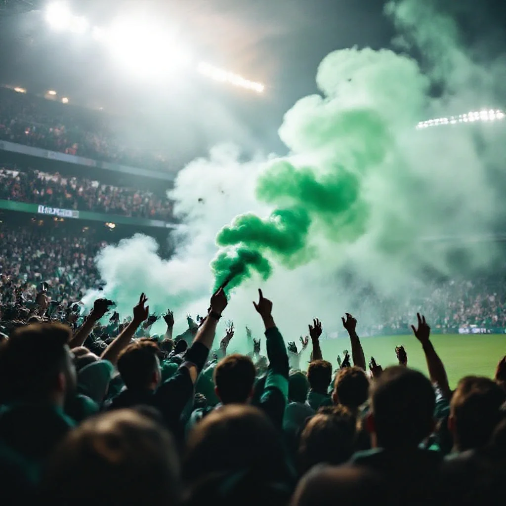 An ultras section releasing green and white smoke in the stands