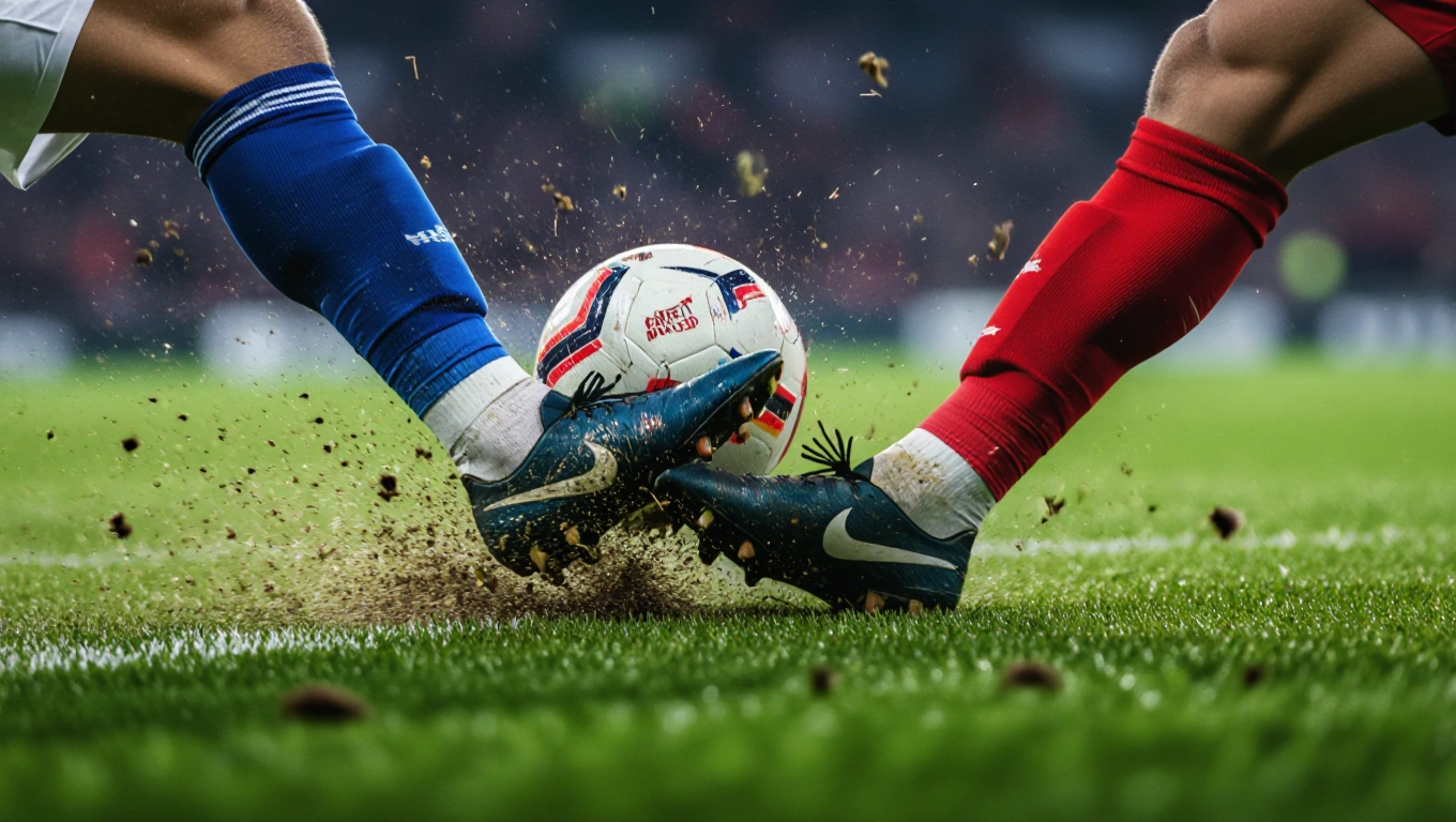 A crunching tackle in a high-stakes football match