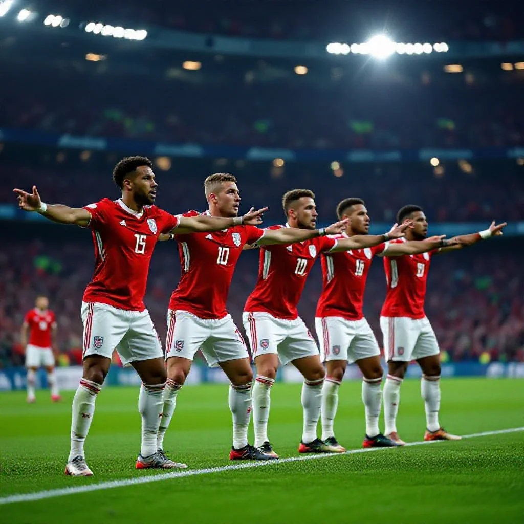 A defensive line holding shape during a Champions League match