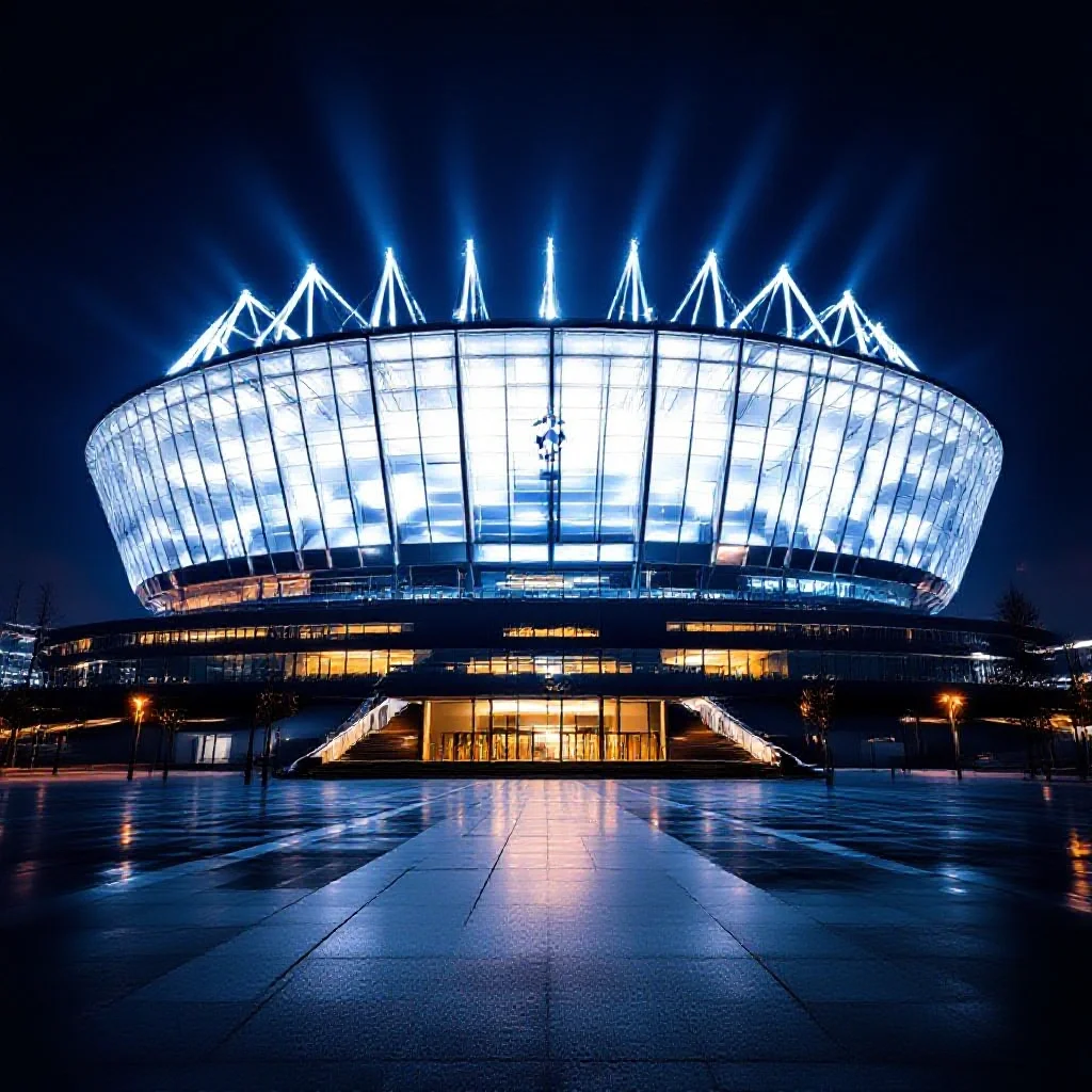 A prestigious European stadium at night from a low exterior angle