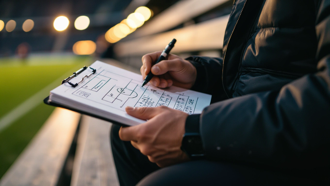A football coach's hands holding a tactical notebook with a pitch diagram drawn in marker