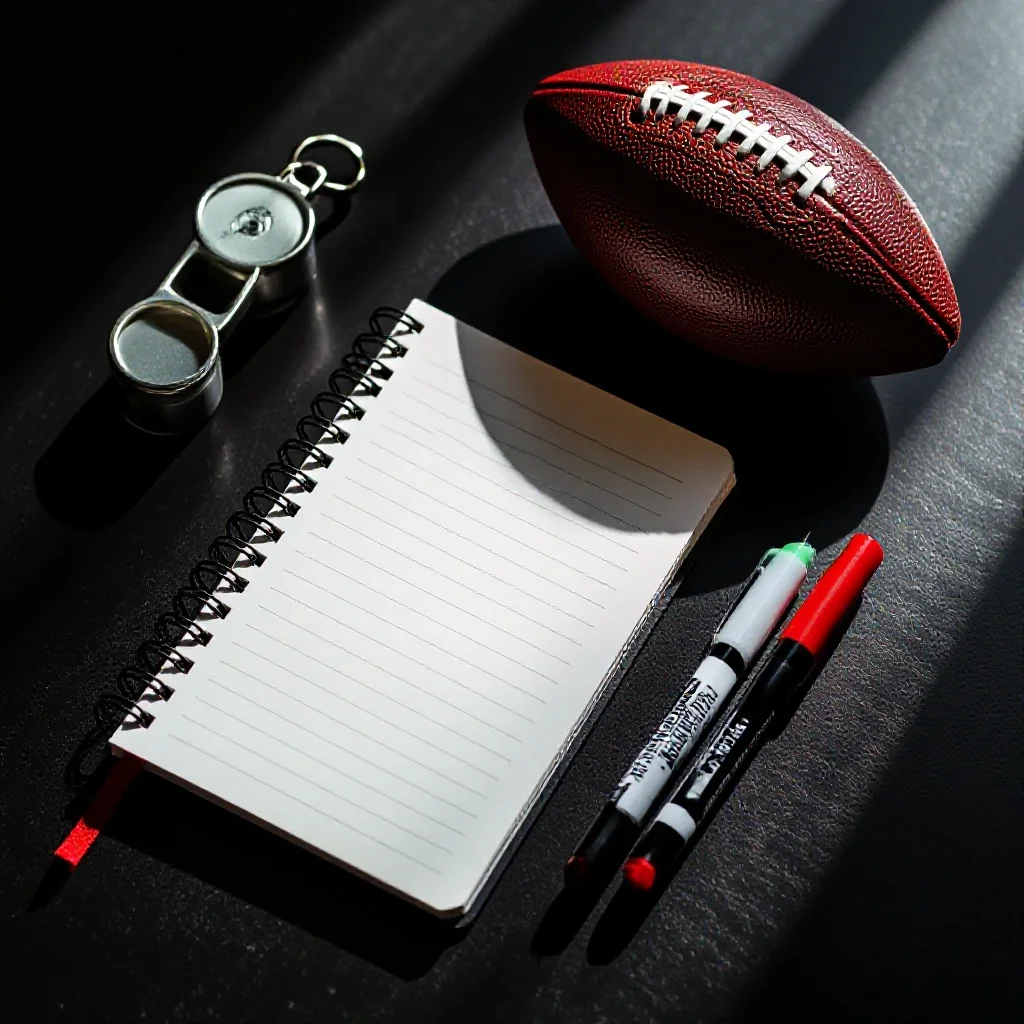 A tactical notebook placed on a dark table alongside a football whistle and marker pens