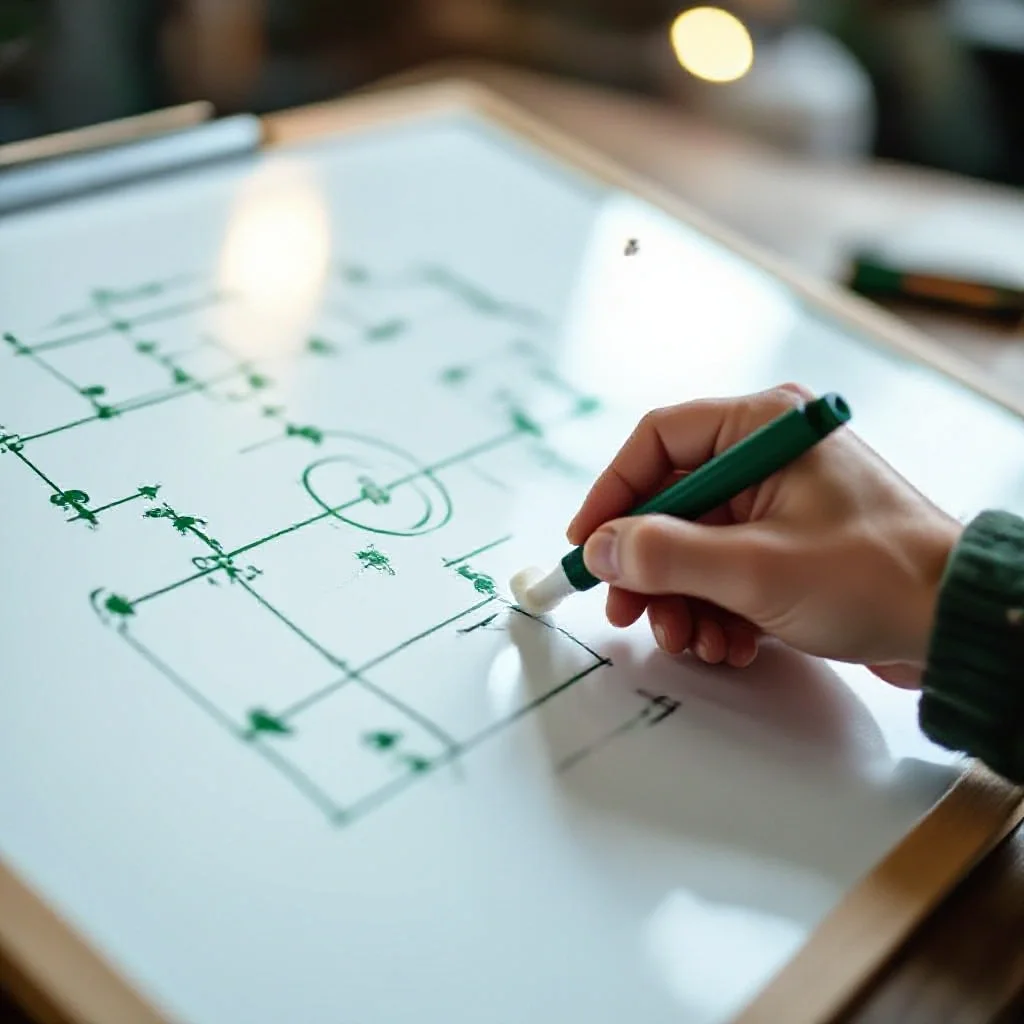 A whiteboard-like erasable surface with tactical football formations drawn in green marker