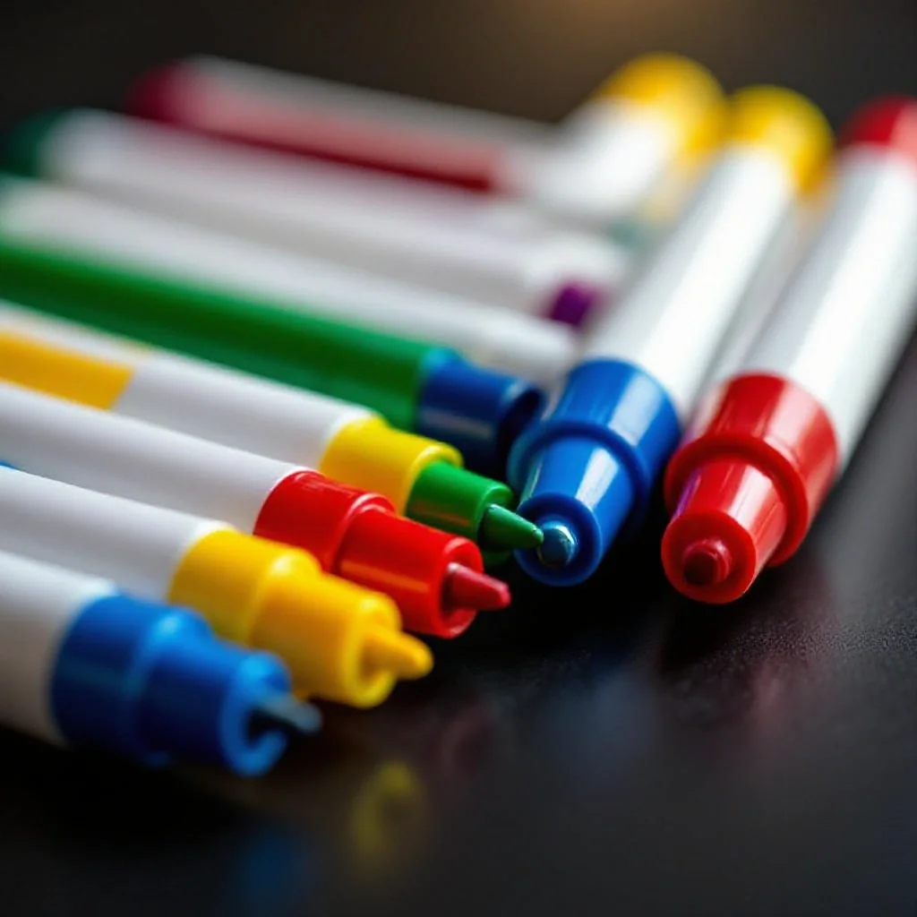 Colorful whiteboard markers arranged on a dark background