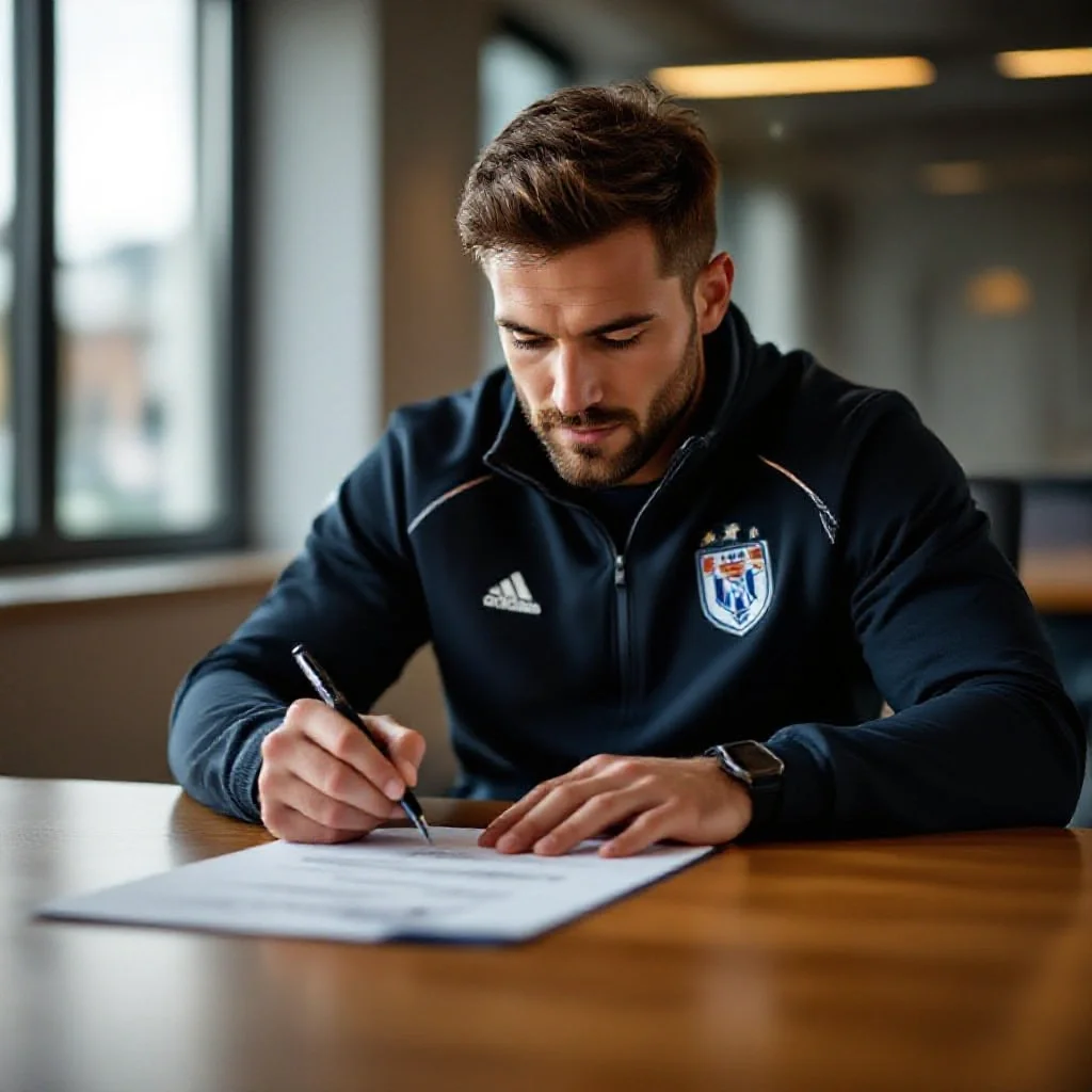 A man in a football training jacket signing a contract document at a conference table