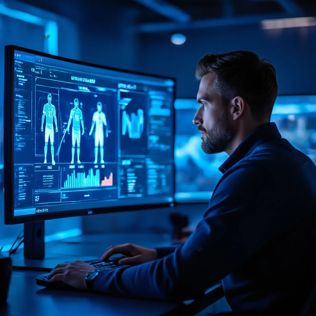 A football analyst looking at a large monitor displaying tactical formations and player heat maps