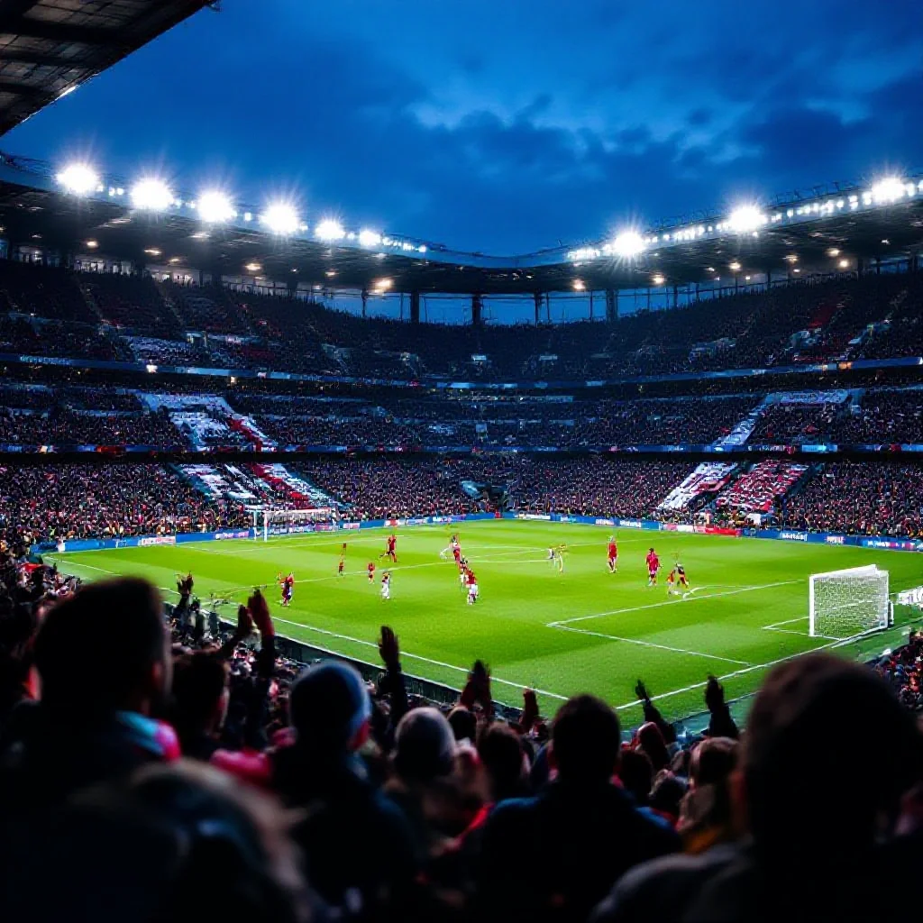 A packed European football stadium during a night match