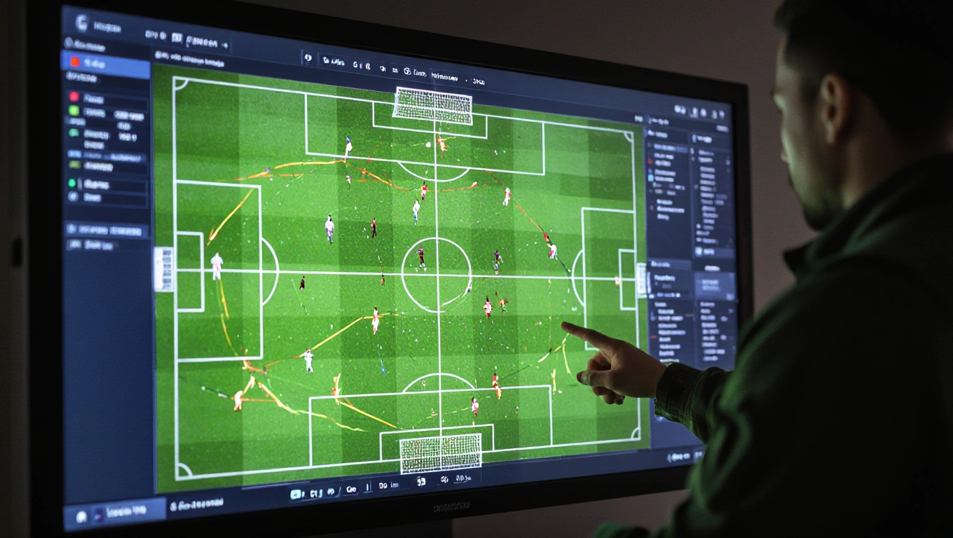A large tactical analysis screen showing a football pitch diagram with colored zones