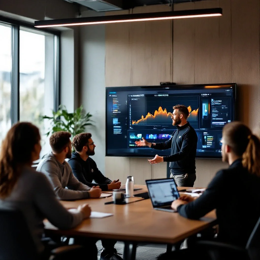 A coach presenting player tracking data on a large interactive screen to a group of attentive players in a modern mee...