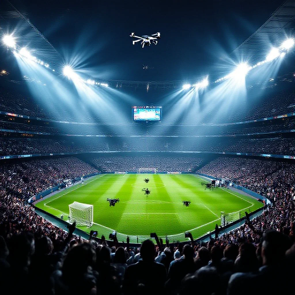 A football stadium interior from pitch level looking up at the stands