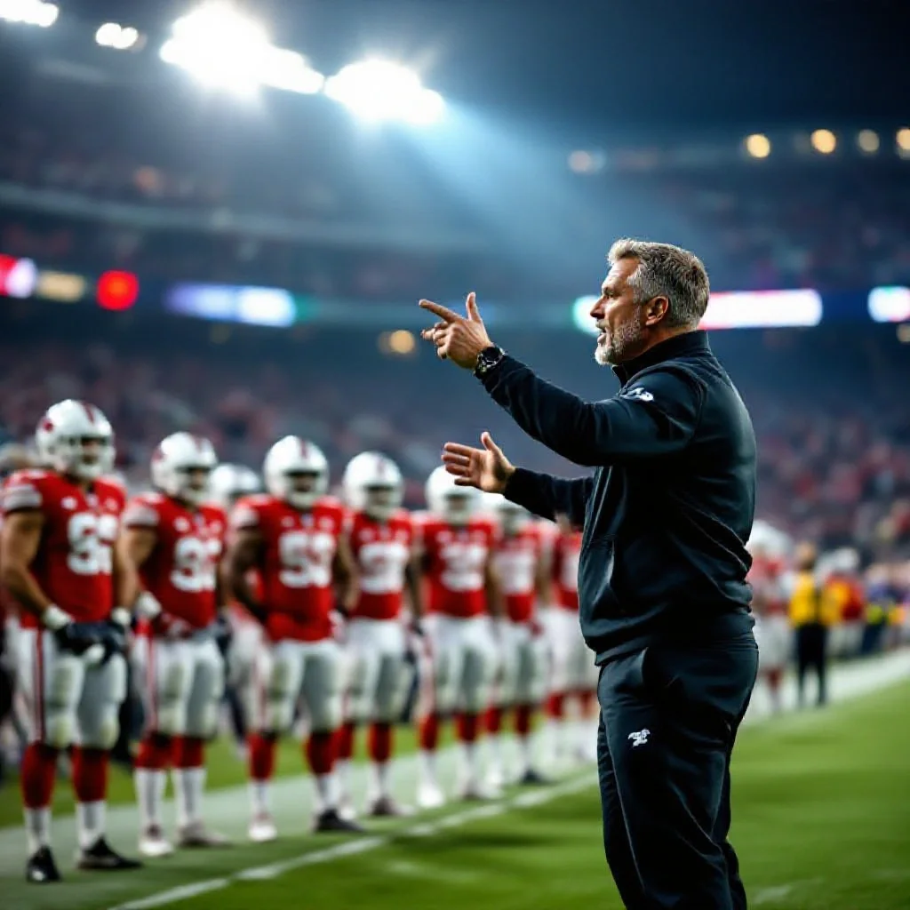 A football coach’s animated hand gestures as he draws an imaginary formation in the air on the touchline