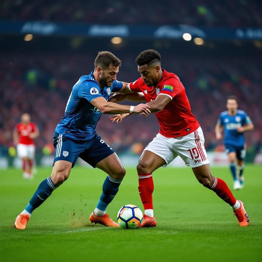 An intense midfield duel during a night match